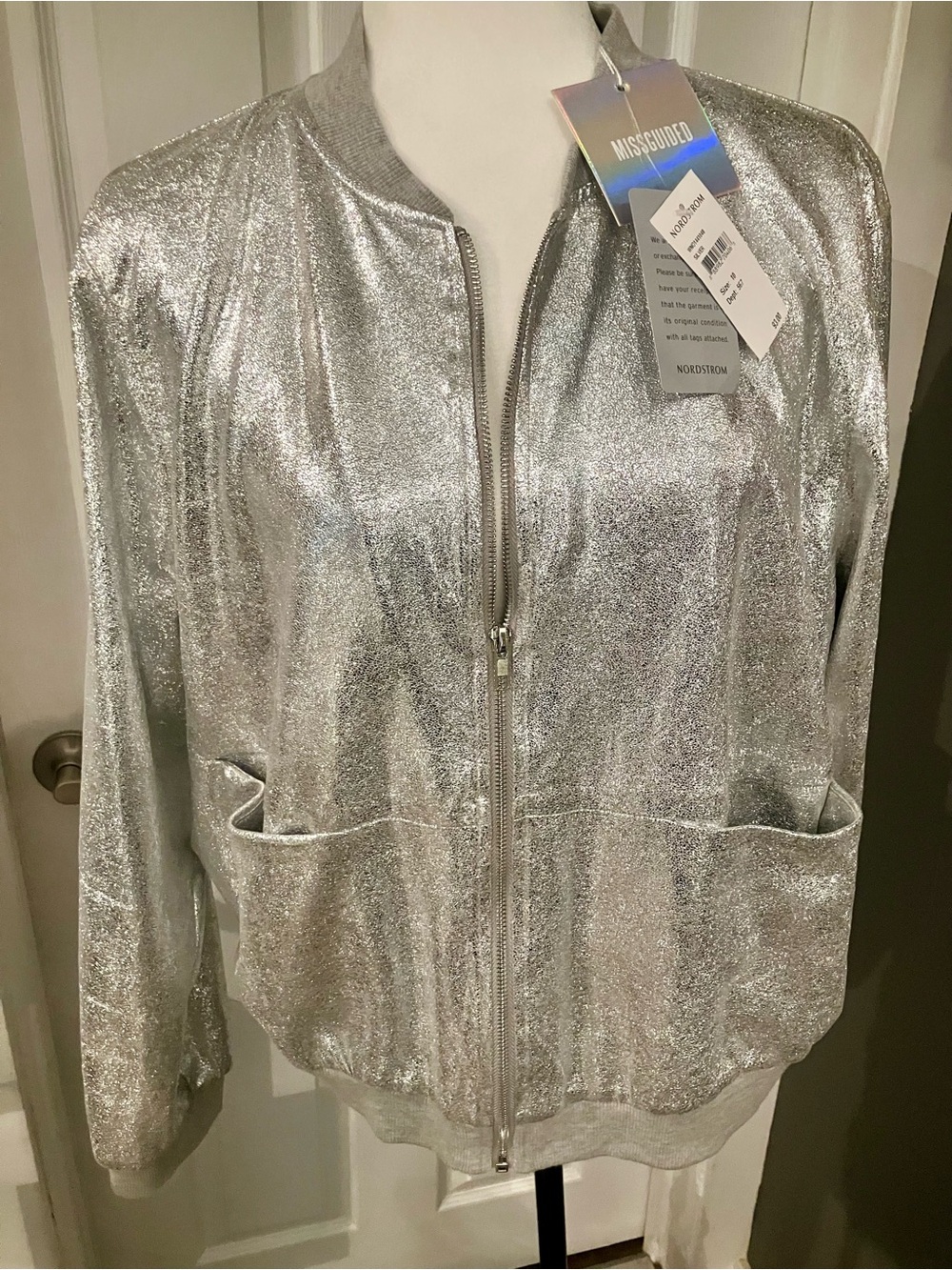 NWT Missguided Silver Metallic Bomber Jacket